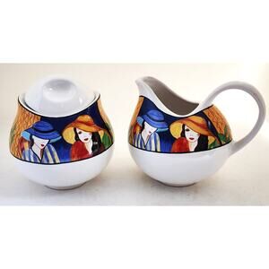 Creamer and Sugar Bowl with Lid Set-Sango-"Cafe Paris"-White-Multicolor Design